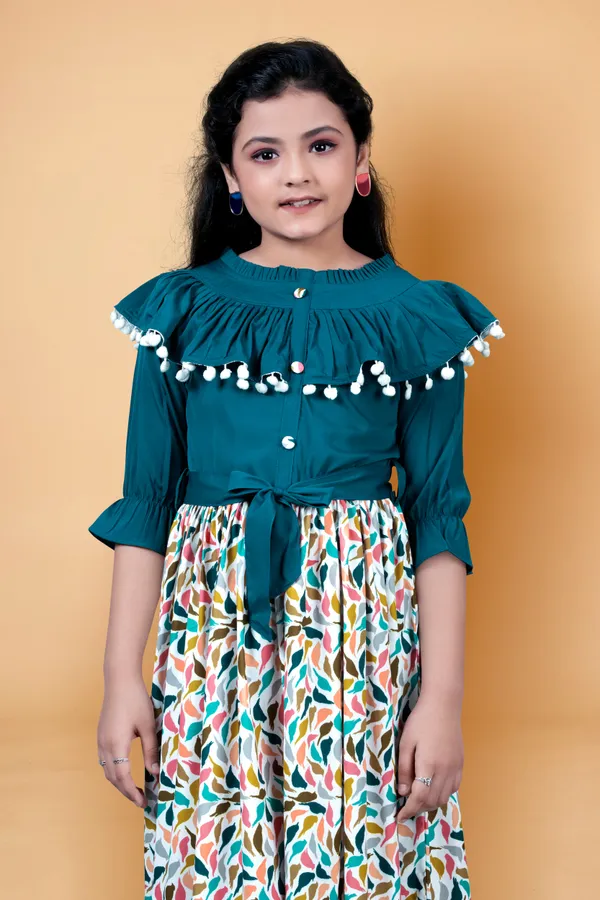 Teal_Crepe_Digital_Printed_Calf_Length_Dress_For_Girls