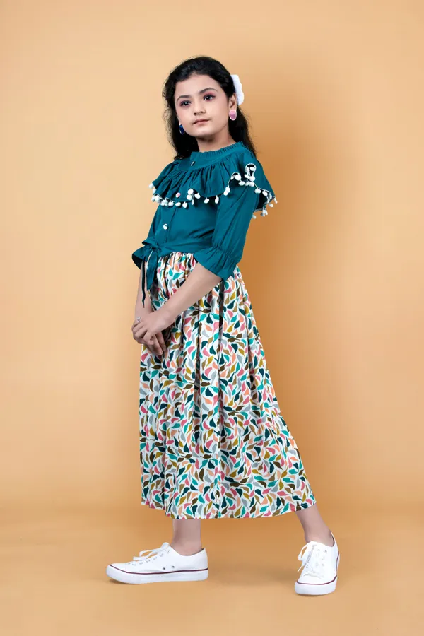 Teal_Crepe_Digital_Printed_Calf_Length_Dress_For_Girls