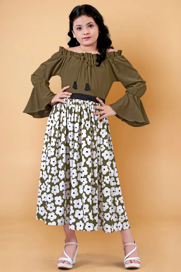 Brown_Crepe_Floral_Printed_Calf_Length_Dress_For_Girls