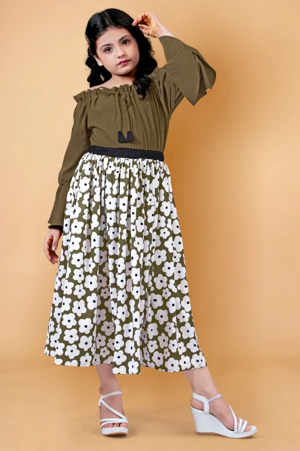 Brown_Crepe_Floral_Printed_Calf_Length_Dress_For_Girls