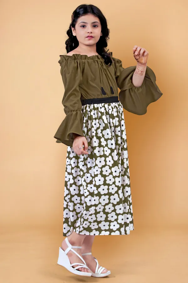 Brown_Crepe_Floral_Printed_Calf_Length_Dress_For_Girls
