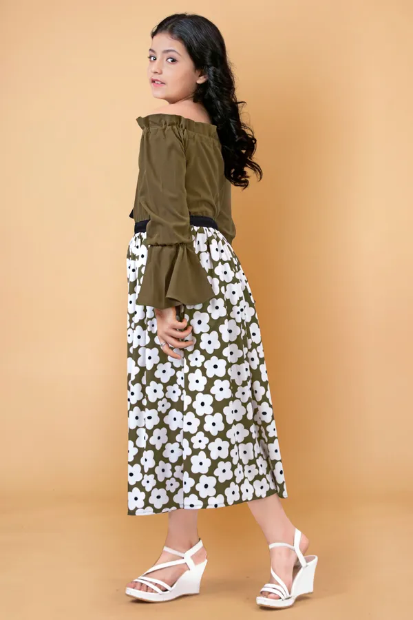 Brown_Crepe_Floral_Printed_Calf_Length_Dress_For_Girls