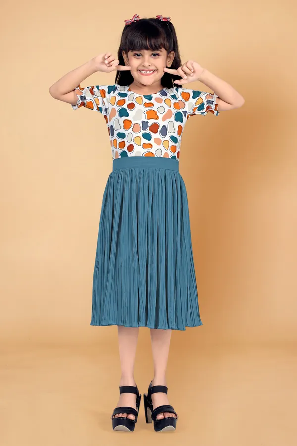 Teal_Blue_Lycra_Georgette_Knee_Length_Dresses_For_Girls