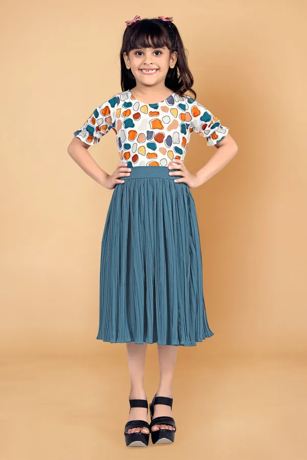 Teal_Blue_Lycra_Georgette_Knee_Length_Dresses_For_Girls