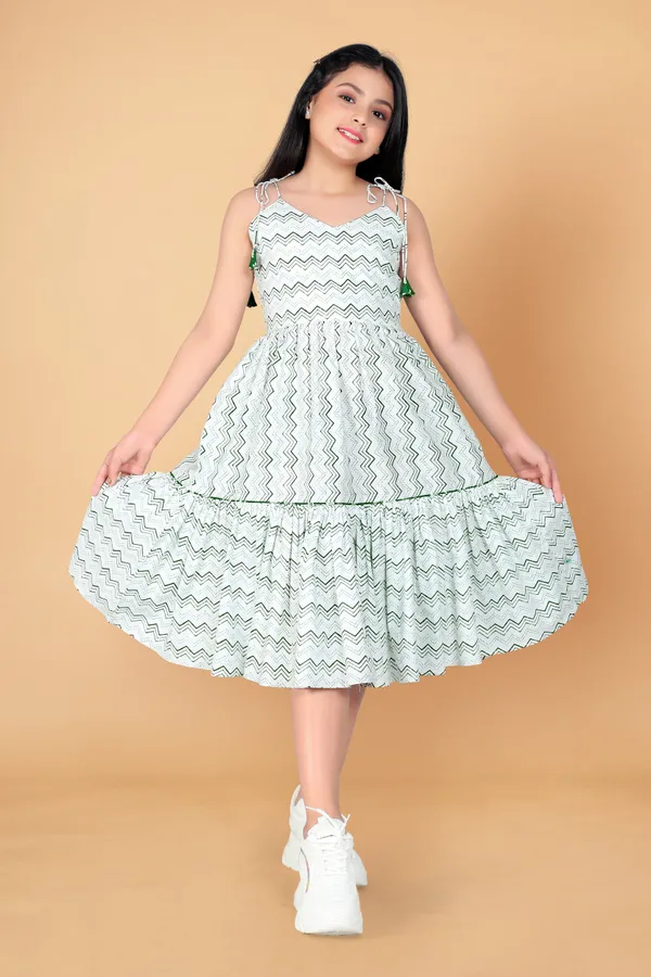 White_Pure_Cotton_Geometric_Print_Calf_Length_Tie-Up_Dresses_For_Girls