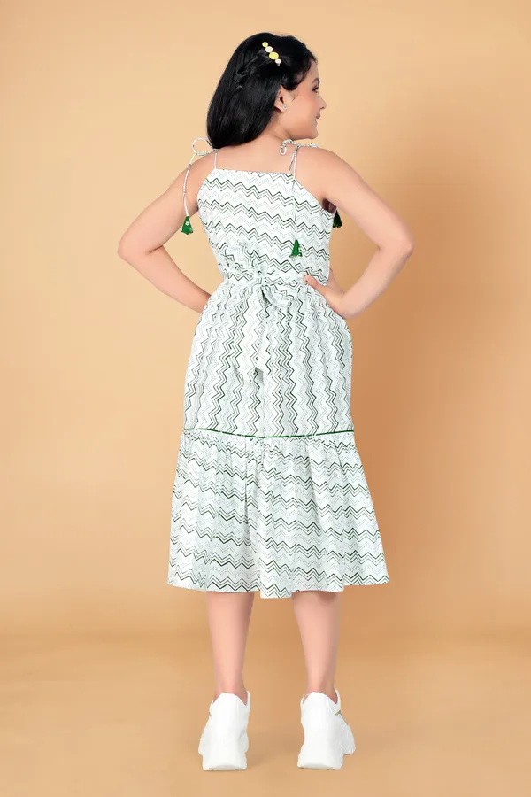 White_Pure_Cotton_Geometric_Print_Calf_Length_Tie-Up_Dresses_For_Girls