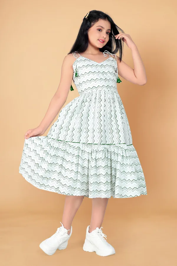 White_Pure_Cotton_Geometric_Print_Calf_Length_Tie-Up_Dresses_For_Girls