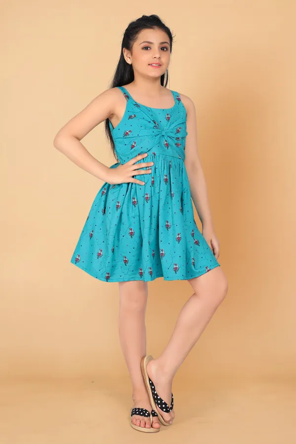 Teal_Blue_Rayon_Above_Knee_Length_Fit_And_Flared_Dresses_For_Girls