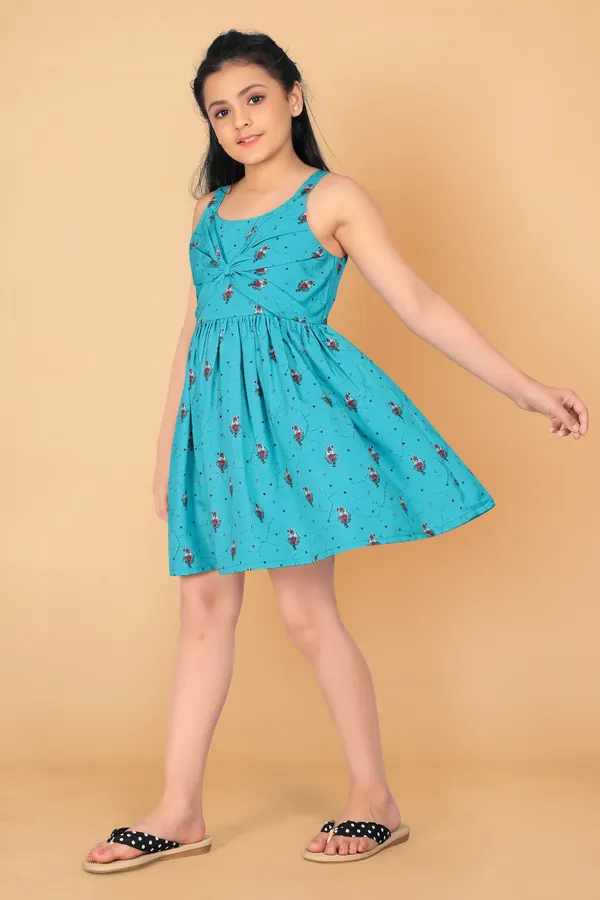 Teal_Blue_Rayon_Above_Knee_Length_Fit_And_Flared_Dresses_For_Girls