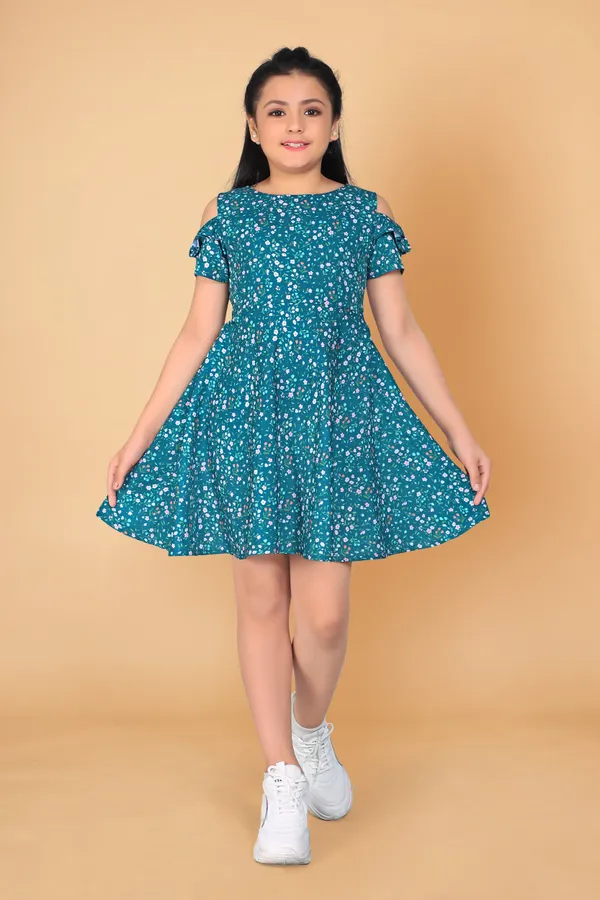 Teal_Blue_Poly_Rayon_Knee_Length_Fit_And_Flared_Dresses_For_Girls