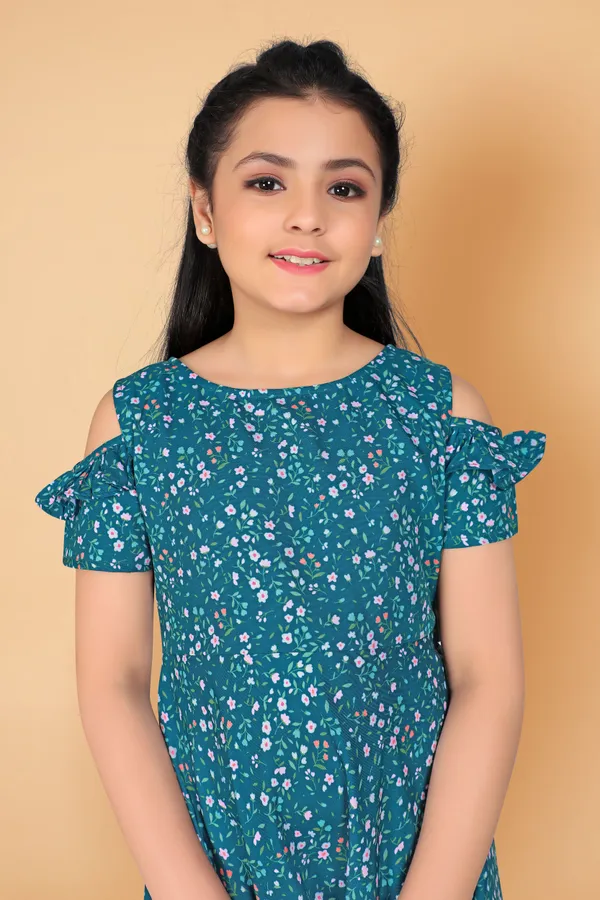 Teal_Blue_Poly_Rayon_Knee_Length_Fit_And_Flared_Dresses_For_Girls