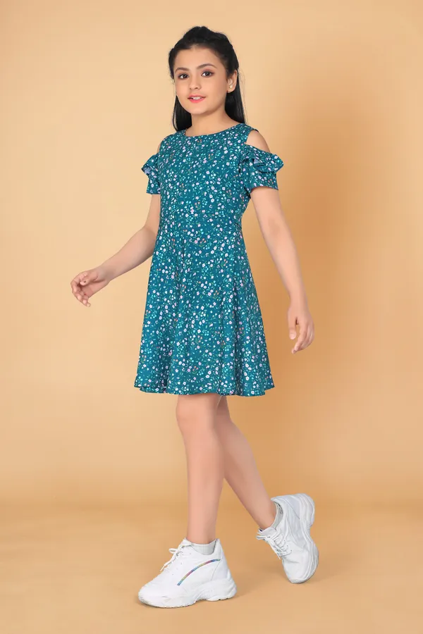 Teal_Blue_Poly_Rayon_Knee_Length_Fit_And_Flared_Dresses_For_Girls