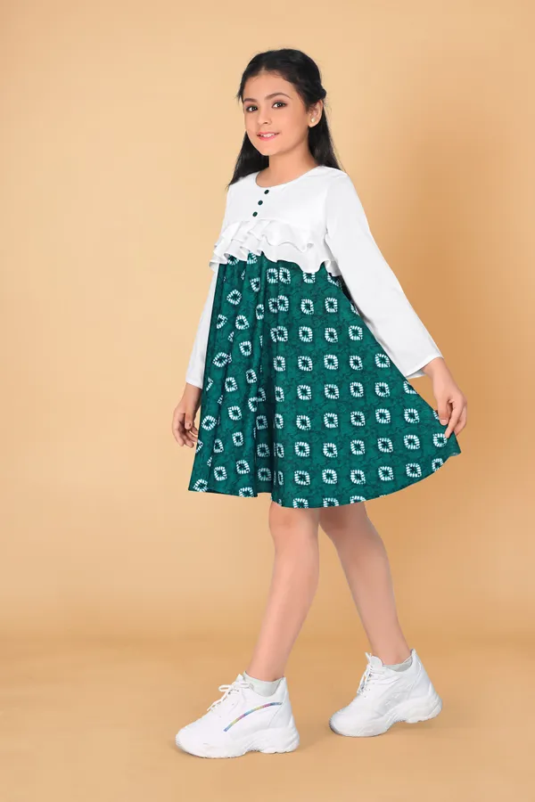 Teal_Green_Poly_Rayon_Knee_Length_Dresses_For_Girls