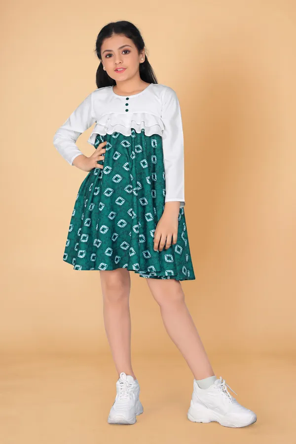 Teal_Green_Poly_Rayon_Knee_Length_Dresses_For_Girls