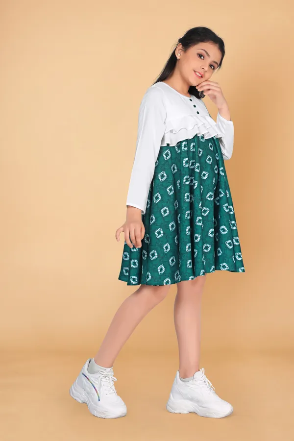 Teal_Green_Poly_Rayon_Knee_Length_Dresses_For_Girls