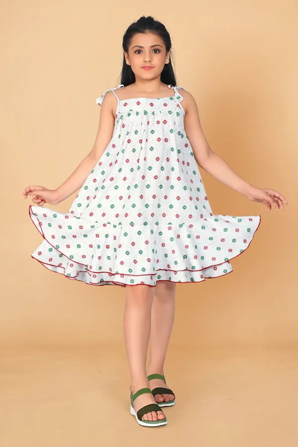 White_Rayon_Above_Knee_Length_Tie-Up_Dresses_For_Girls