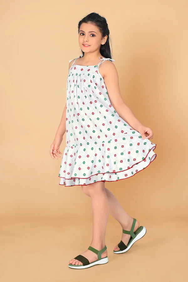 White_Rayon_Above_Knee_Length_Tie-Up_Dresses_For_Girls