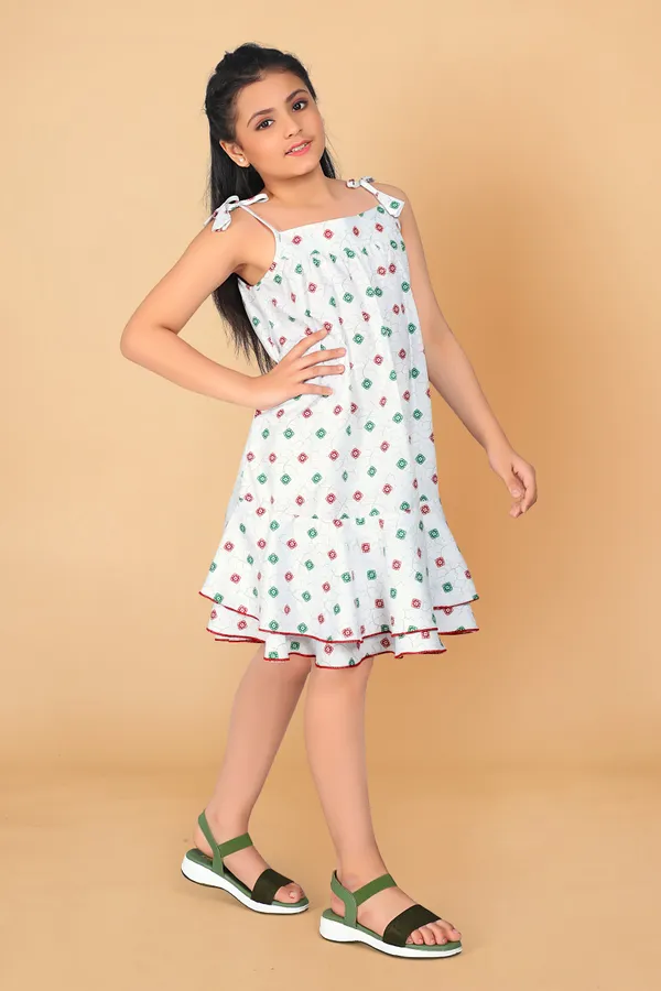 White_Rayon_Above_Knee_Length_Tie-Up_Dresses_For_Girls