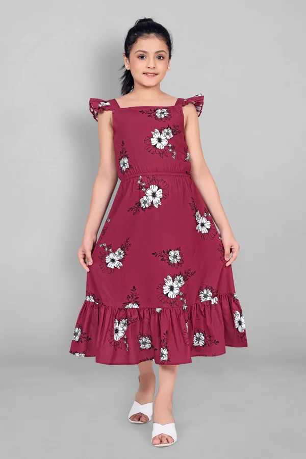 Maroon_Crepe_Calf_Length_Ruffle_Dresses_For_Girls
