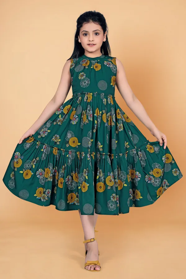 Green_American_Crepe_Calf_Length_Ruffle_Dresses_For_Girls