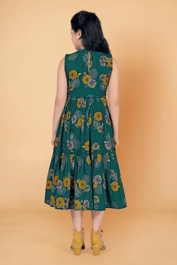 Green_American_Crepe_Calf_Length_Ruffle_Dresses_For_Girls