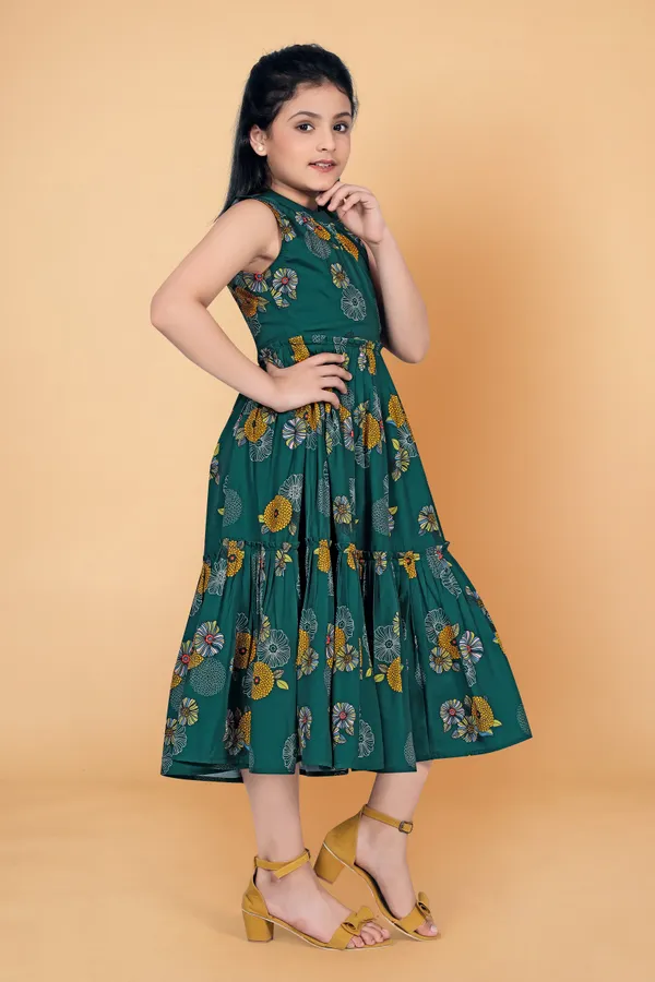 Green_American_Crepe_Calf_Length_Ruffle_Dresses_For_Girls
