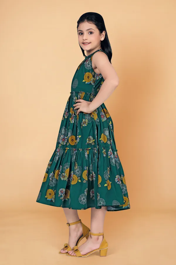 Green_American_Crepe_Calf_Length_Ruffle_Dresses_For_Girls
