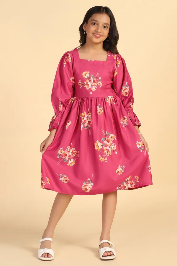 Pink_Crepe_Calf_Length_Gathered_Dresses_For_Girls