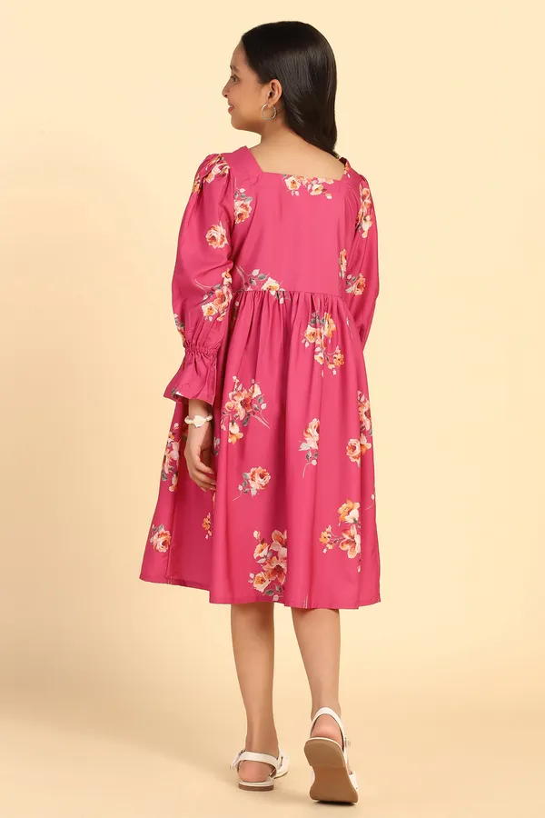 Pink_Crepe_Calf_Length_Gathered_Dresses_For_Girls