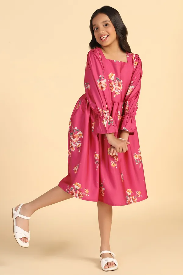 Pink_Crepe_Calf_Length_Gathered_Dresses_For_Girls