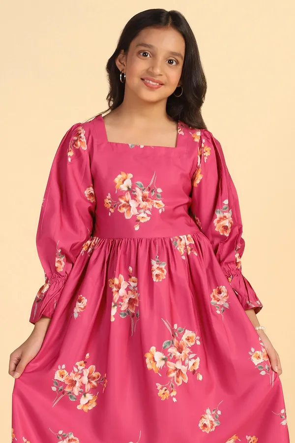 Pink_Crepe_Calf_Length_Gathered_Dresses_For_Girls