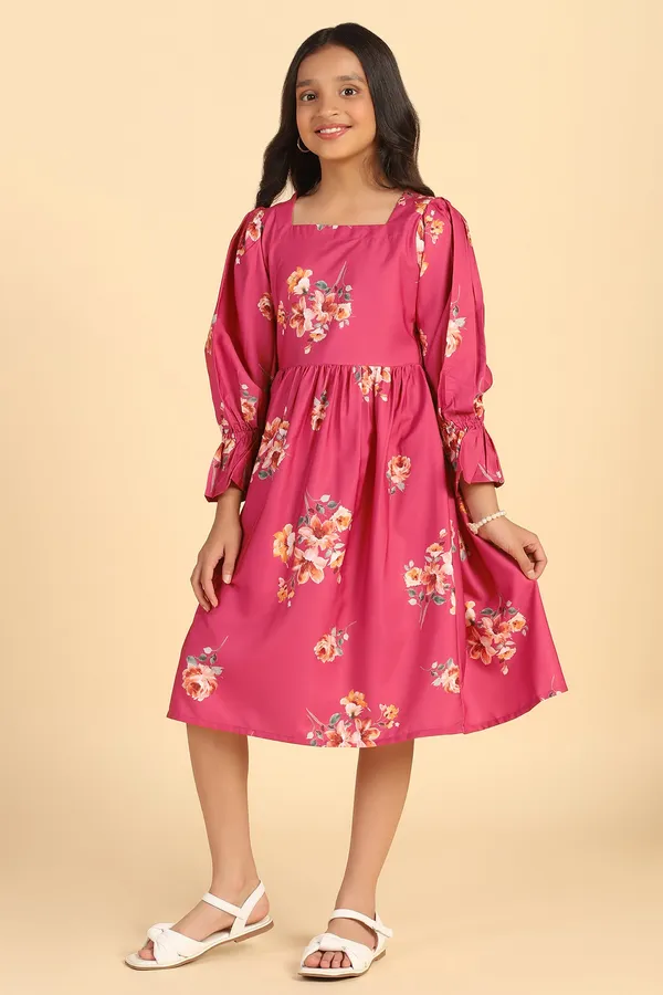 Pink_Crepe_Calf_Length_Gathered_Dresses_For_Girls