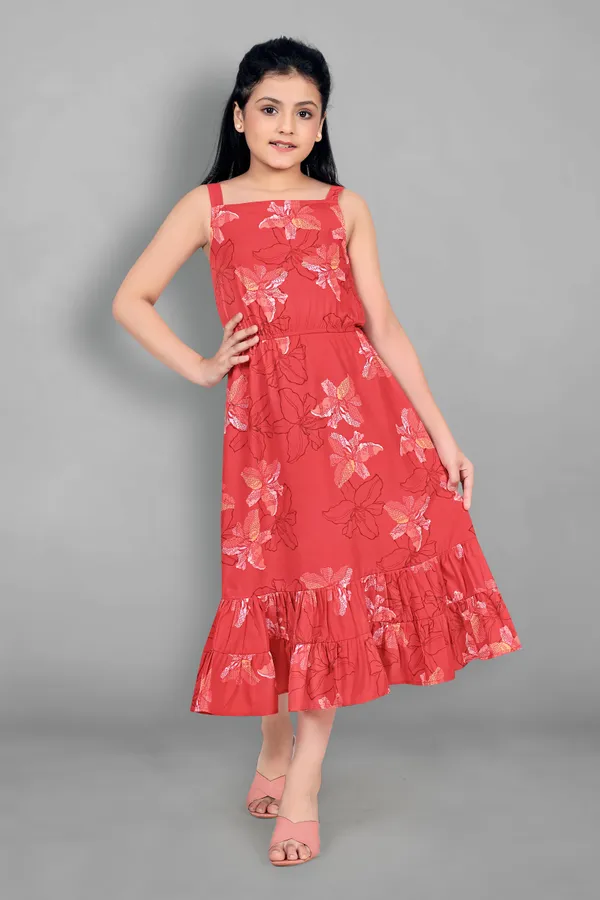 Rust_Crepe_Calf_Length_Tiered_Dresses_For_Girls