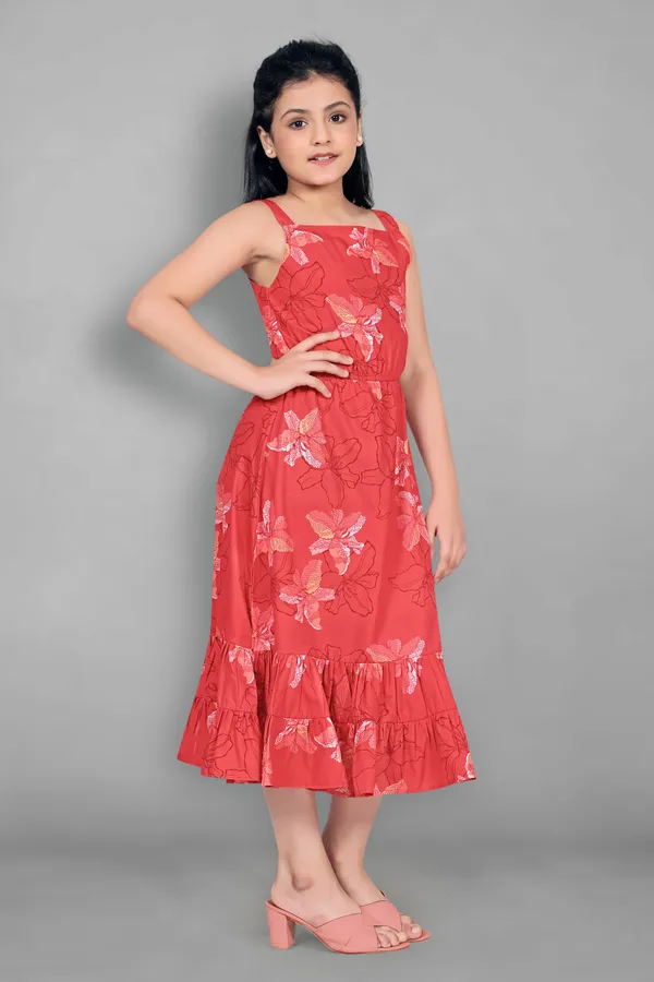 Rust_Crepe_Calf_Length_Tiered_Dresses_For_Girls