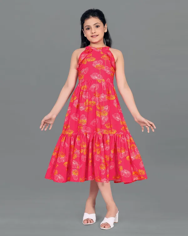 Pink_American_Crepe_Calf_Length_Ruffled_Dresses_For_Girls