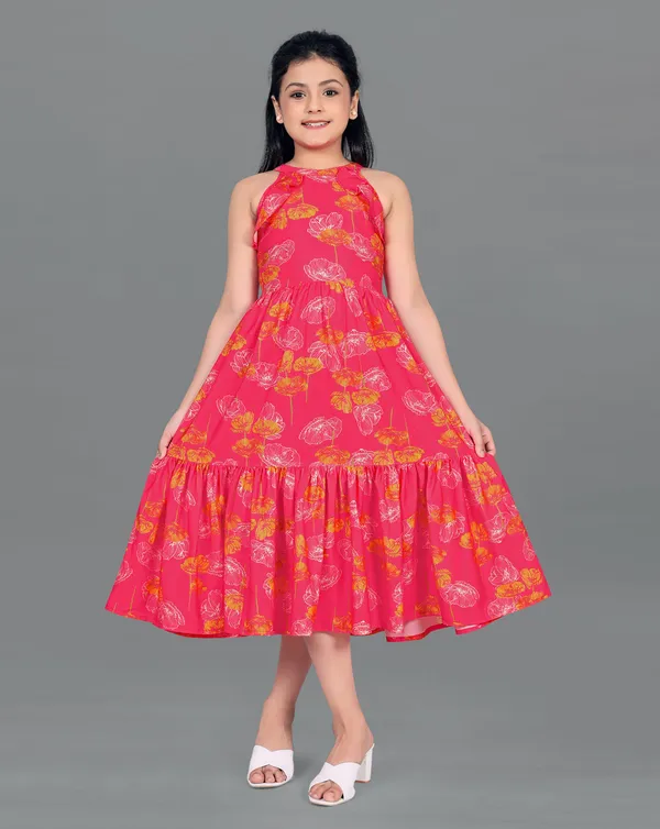 Pink_American_Crepe_Calf_Length_Ruffled_Dresses_For_Girls