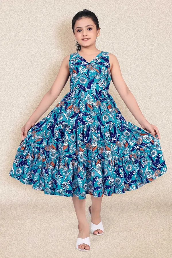 Blue_Crepe_Calf_Length_Tiered_Dresses_For_Girls