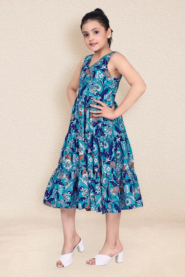 Blue_Crepe_Calf_Length_Tiered_Dresses_For_Girls