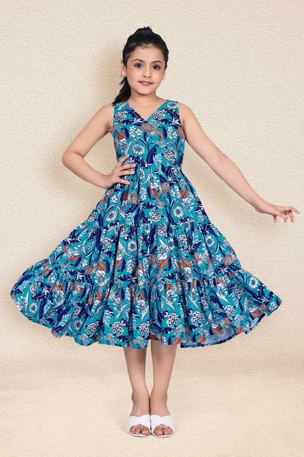 Blue_Crepe_Calf_Length_Tiered_Dresses_For_Girls