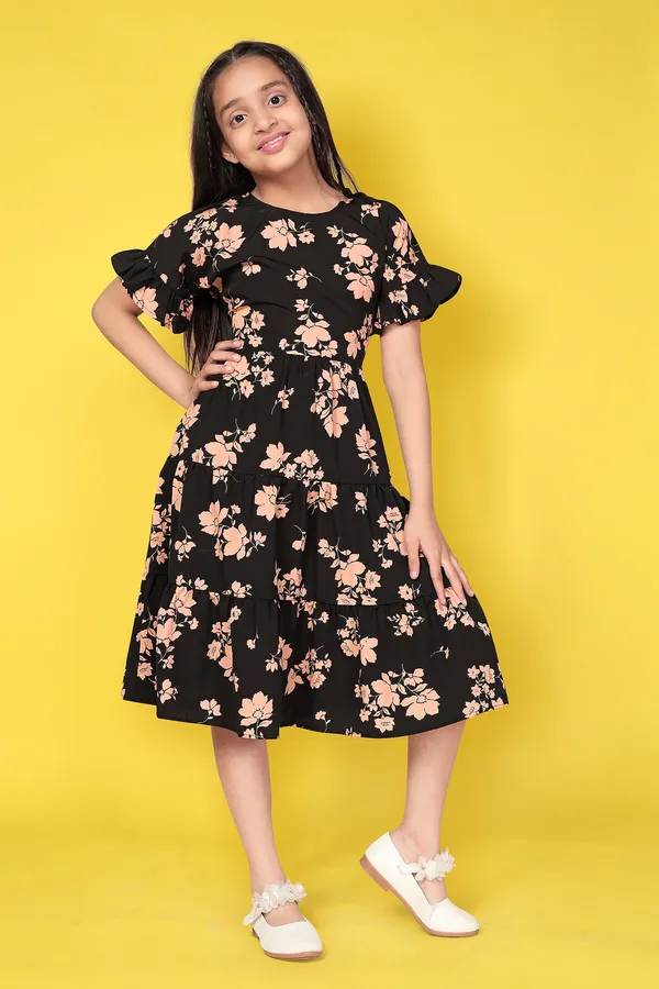 Black_Floral_Print_Cotton_Tiered_Dress_For_Girls
