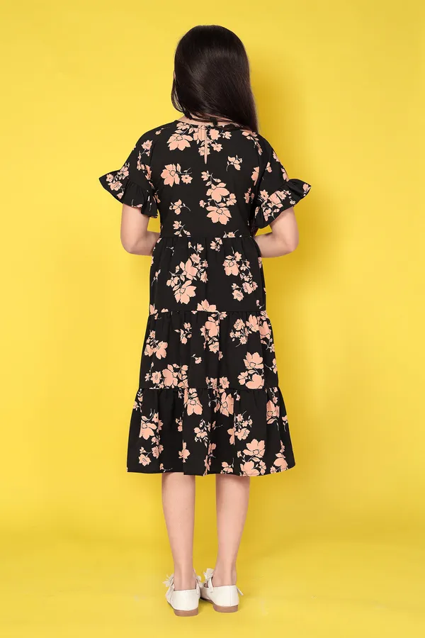 Black_Floral_Print_Cotton_Tiered_Dress_For_Girls