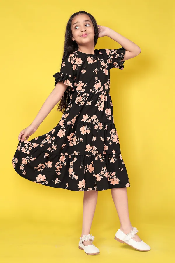 Black_Floral_Print_Cotton_Tiered_Dress_For_Girls