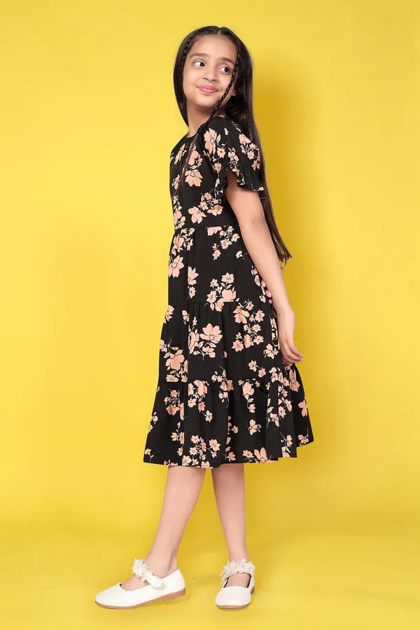 Black_Floral_Print_Cotton_Tiered_Dress_For_Girls