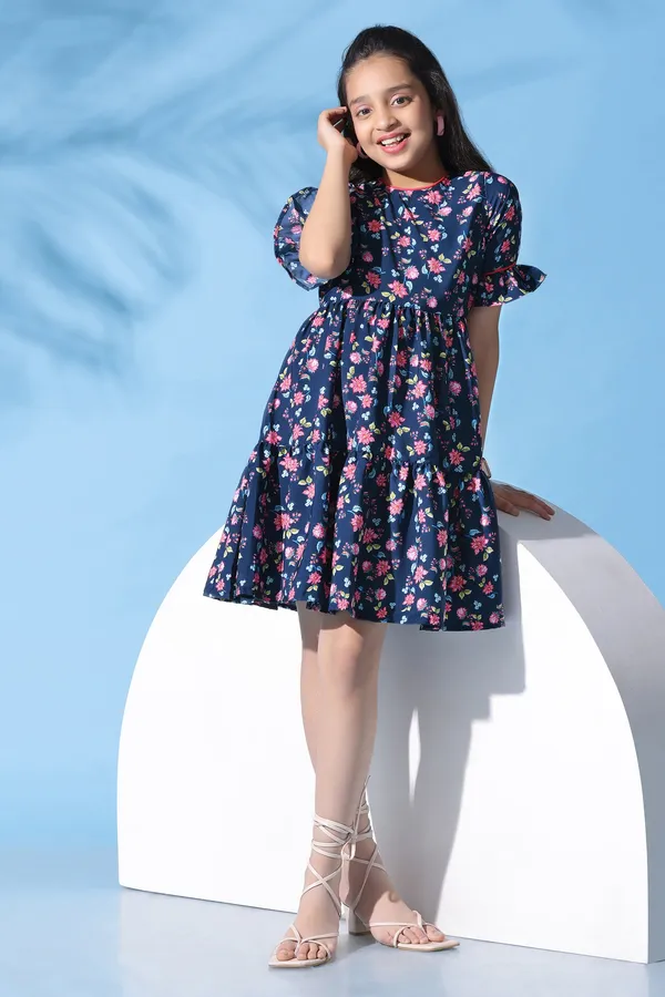 Dark_Blue_Crepe_Floral_Printed_Ruffle_Knee_Length_Dress_For_Girls
