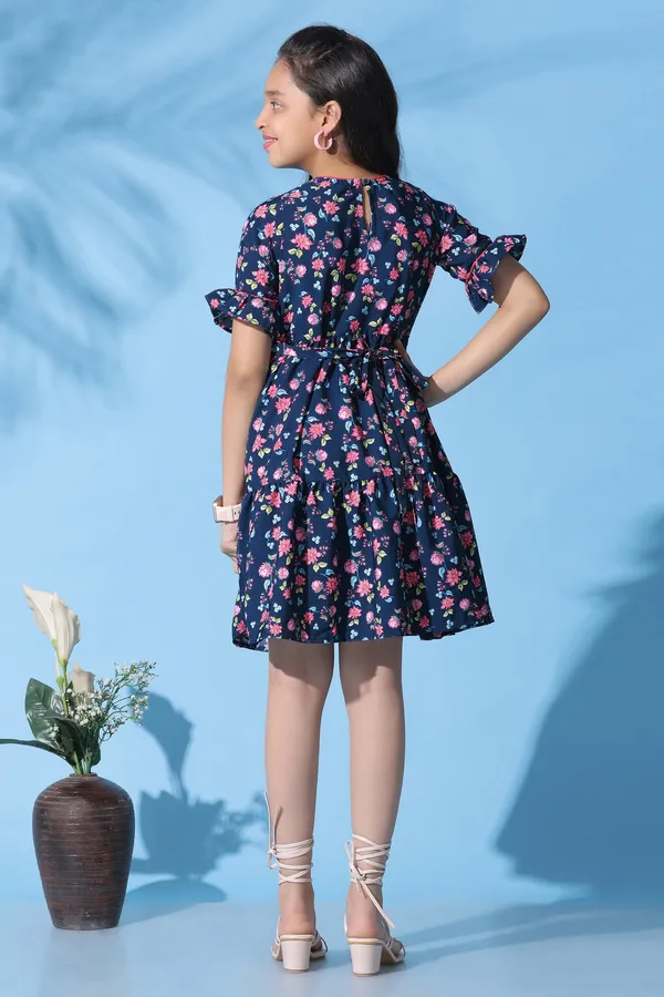 Dark_Blue_Crepe_Floral_Printed_Ruffle_Knee_Length_Dress_For_Girls