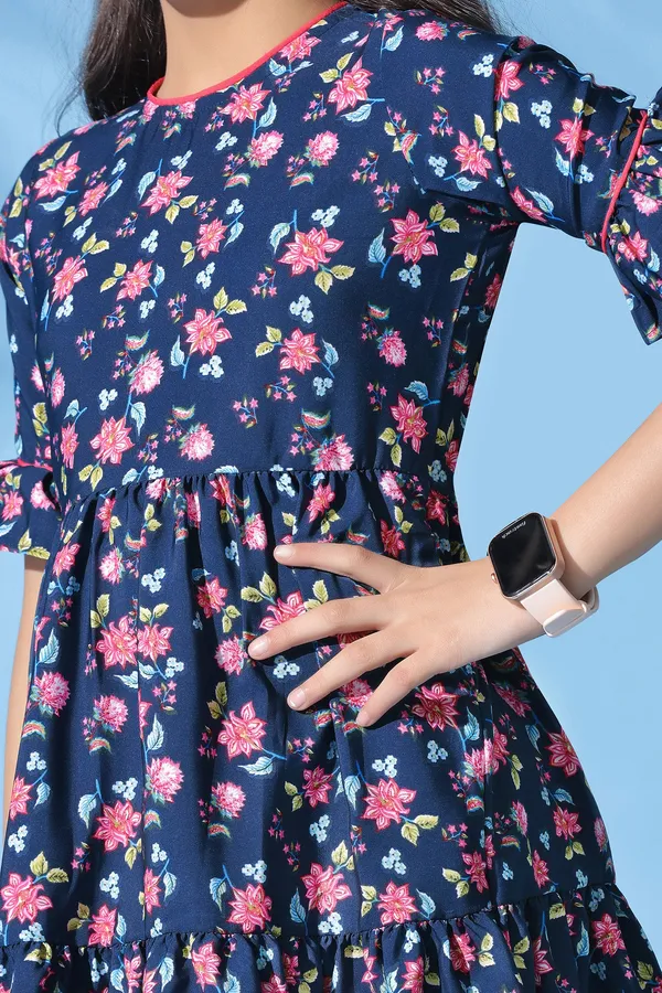 Dark_Blue_Crepe_Floral_Printed_Ruffle_Knee_Length_Dress_For_Girls