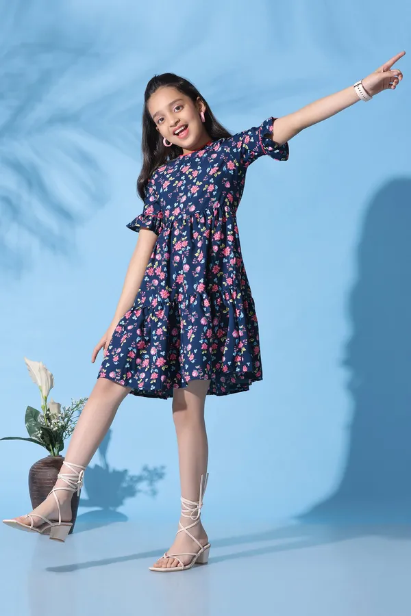 Dark_Blue_Crepe_Floral_Printed_Ruffle_Knee_Length_Dress_For_Girls