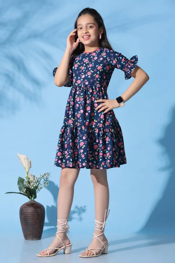Dark_Blue_Crepe_Floral_Printed_Ruffle_Knee_Length_Dress_For_Girls