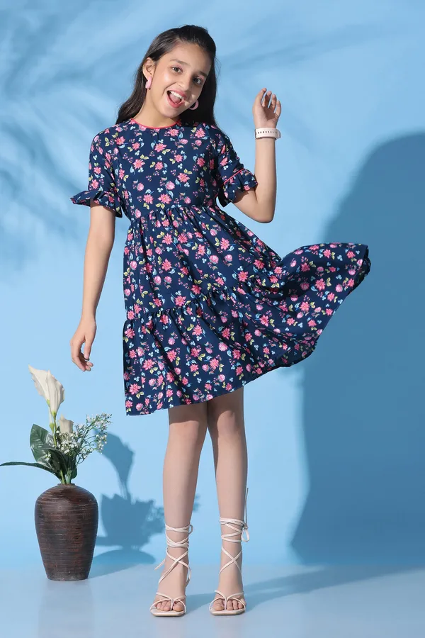 Dark_Blue_Crepe_Floral_Printed_Ruffle_Knee_Length_Dress_For_Girls