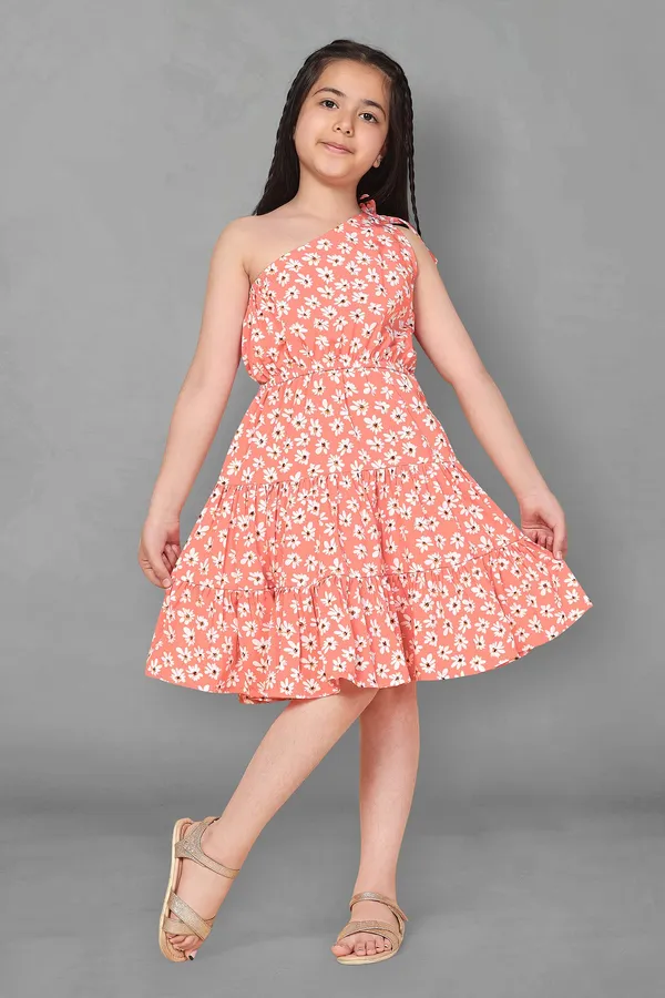 Peach_One_Shoulder_Floral_Dress_For_Girls